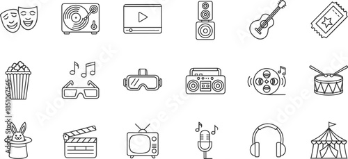 Entertainment icon set, outline vector symbols for music, cinema, theater, media, audio, video, show, festival, web, mobile