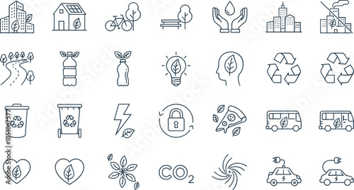 Eco sustainability icon set, outline vector symbols for green energy, recycling, environment, renewable resources, smart city, ecology, web