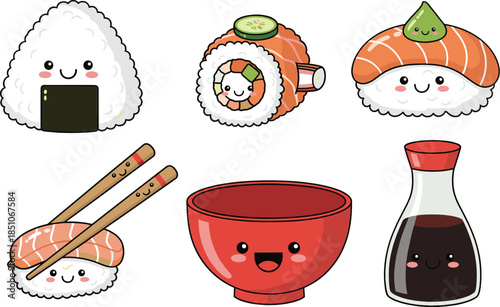Cute Kawaii Sushi and Japanese Food Characters Set with Rice Roll Bowl Chopsticks and Soy Sauce Vector Illustration