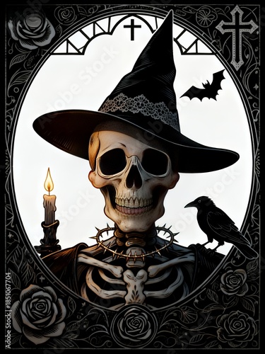 Lace-Trimmed Witch Skull: Gothic Art with Candle, Crow & Bat