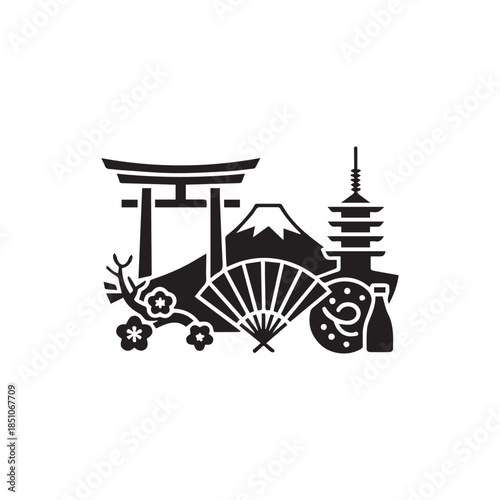 PriJapan Travel and Culture Silhouette Composition: Mount Fuji, Torii Gate, Pagoda, and Traditional Sakura Illustrationnt