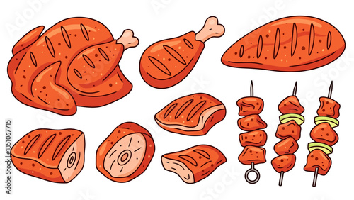 Freshly Cooked Assortment of Roasted Chicken and Meat Skewers with Vegetables