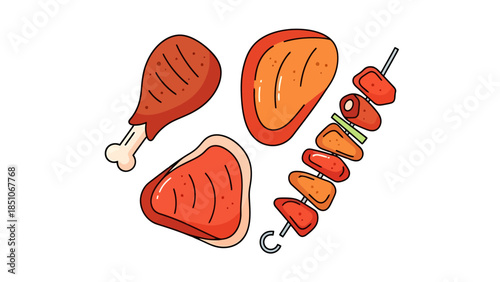 Fresh Cuts of Meat and Skewered Meat for Cooking and Barbecue