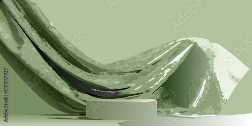 A draped shiny fabric over a cylindrical pedestal in a minimalist setting