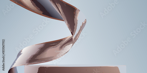 Abstract swirling ribbon of metallic brown on a simple pedestal
