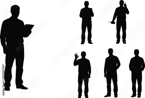 Business people silhouettes set, professional men standing poses, corporate worker outlines, leadership teamwork concept, isolated black figures, office communication gestures, modern human icons