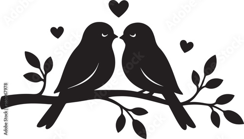 Black silhouette illustration of two love birds sitting closely on a tree branch with small heart accents