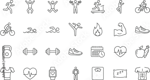 Fitness and sports icon set, outline vector symbols for workout, exercise, health, training, gym, wellness, active lifestyle