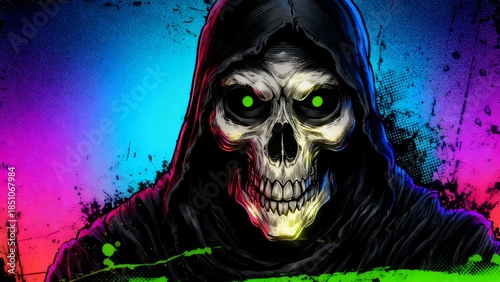Neon Reaper: Glowing Skull in Hooded Cloak Artwork