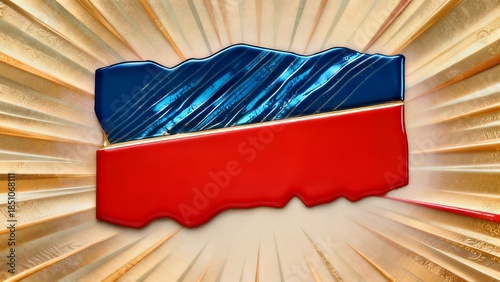 Crimson Azure Radiance: Glossy Enamel Art with Sunburst Backdrop