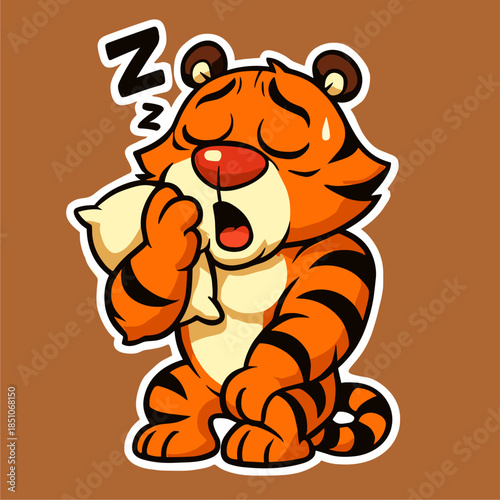 Cartoon tiger yawning while clutching pillow sleepily