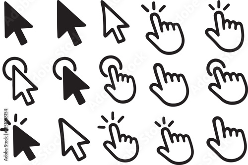 Collection of black and white click cursor icons illustrating various click states and interactions for user interface design