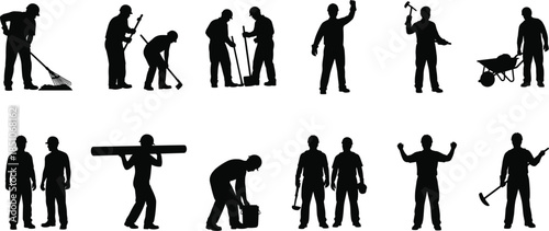 Construction worker silhouettes, manual labor activities, industrial workforce icons, builders at work, repair and maintenance jobs, engineering teamwork, black silhouette set, isolated on white 
