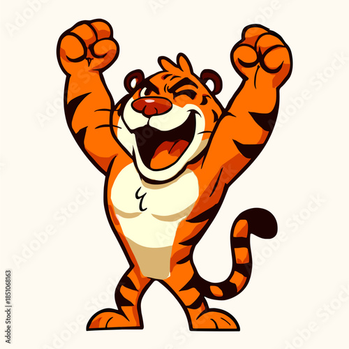 Cartoon tiger cheers wildly with triumphant joy today