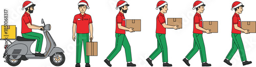 Delivery man walking sequence, courier carrying parcel boxes, motorcycle delivery rider, logistics service illustration, fast shipping concept, online order fulfillment, urban delivery workflow