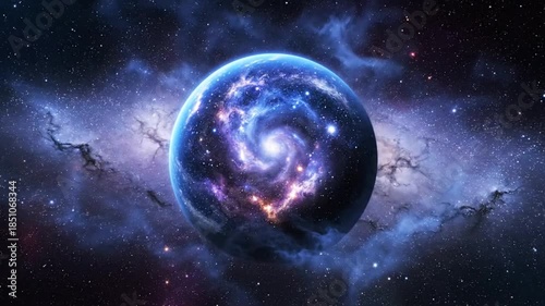 Cosmic sphere glowing surrounded by nebula clouds and stars