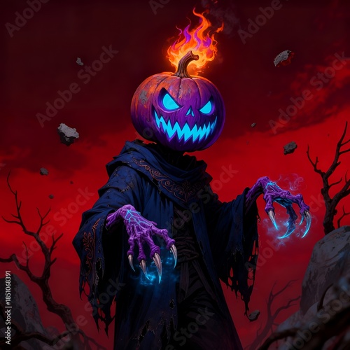 Crimson Hallow's Wraith: Pumpkin Lord with Flaming Jack-o'-Lantern Head