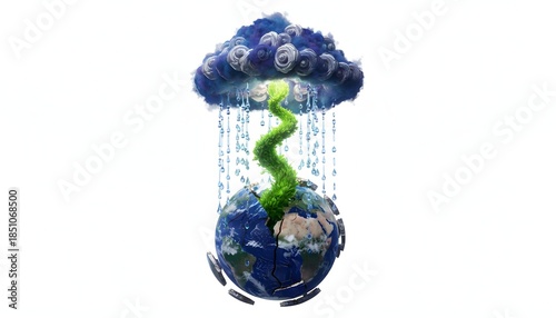 racked earth globe climate change concept on white background with evolving green plant rain water clouds and dramatic shadow symbolism environmental crisis sustainability high quality 4K