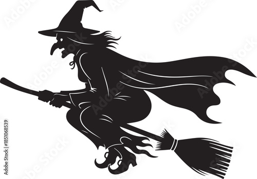 Flying Witch on Broom Silhouette Set – Halloween Magic Black Vector Icons on White Background.