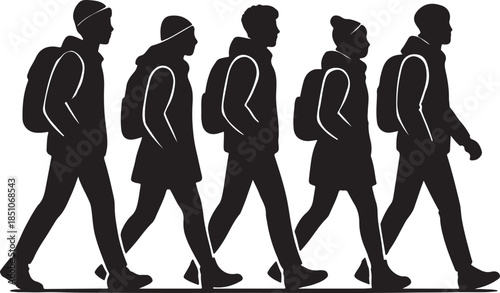 Diverse group of five young adults wearing winter clothing and backpacks walking together silhouette vector illustration