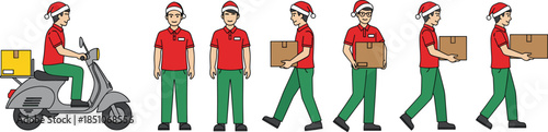 Food delivery courier character set, scooter rider, walking poses, uniform worker, logistics service illustration, ecommerce shipping concept, isolated flat vector design for mobile apps