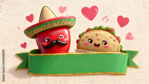Fiesta Flair: Adorable Taco & Chili Pepper with Sombrero Art