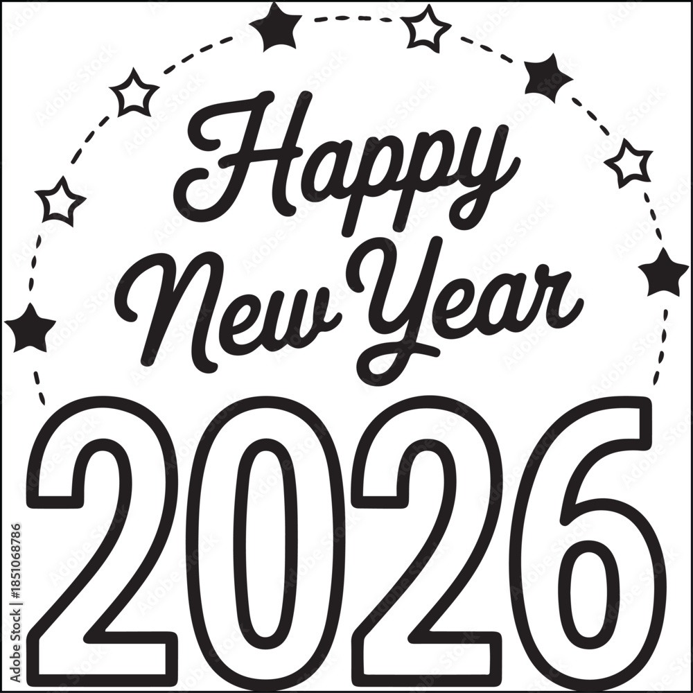 Obraz premium Line art illustration of Christmas Village for the New Year. The number 2026, a church, homes, and fireworks in a snowy winter background. PNG vector illustration and coloring page
