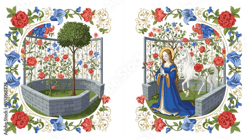 Medieval garden scene with woman, unicorn, and floral arch