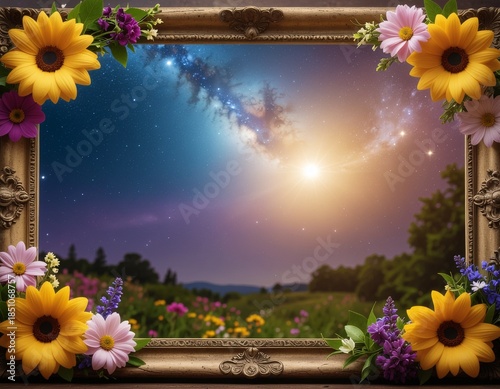 A serene landscape with sunflowers and flowers in a golden frame under a starry night sky with a bright moon shining
