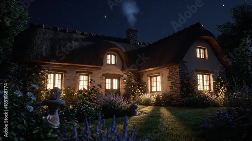 Cottage at night with illuminated windows and starry sky