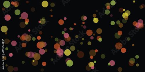 Colorful bokeh circle confetti background on black, soft glowing party lights
