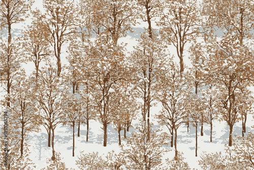 a seamless pattern of snow-covered tree branches and leaves, creating an impressionistic winter landscape with a palette of white, brown, gray, beige, and black hues.Texture military digital arctic sn