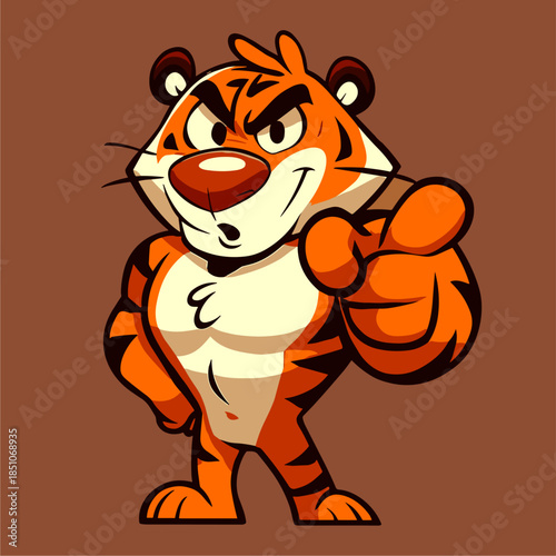 Cartoon tiger points at the viewer with fierce look