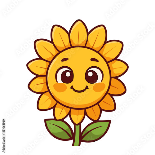 Smiling sunflower cartoon with leaves and stem vector