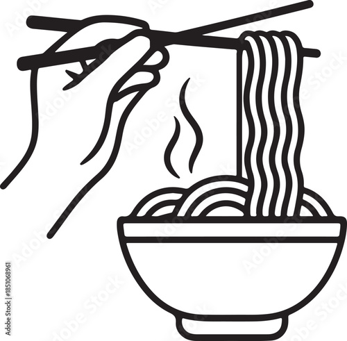 Hand holding chopsticks lifting steaming noodles from a bowl in a black and white illustration vector
