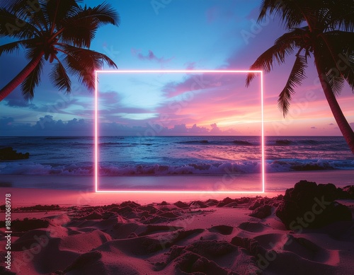 A serene beach scene at dusk with neon lights and palm trees silhouetted against a vibrant sky