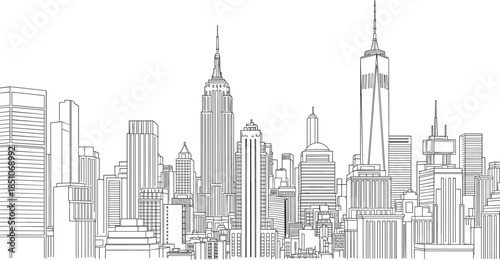 Modern city skyline line art illustration, urban skyscraper outline drawing, New York cityscape architecture, minimal vector design, downtown buildings panorama, creative metropolitan artwork