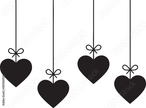 Minimalist Valentine’s Day vector illustration of hanging red hearts suspended on thin strings with small bows