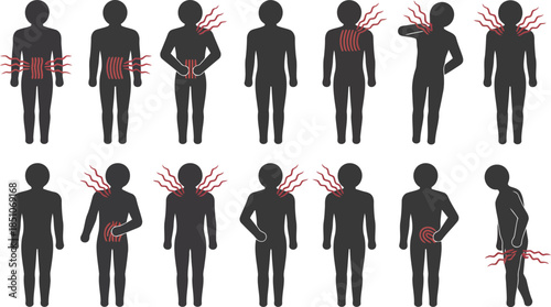 A set of black silhouette icons features diverse people poses, a calendar, and a finish line flag