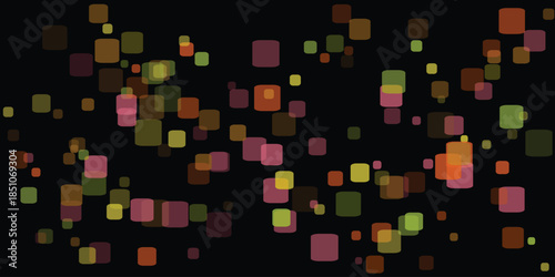 Colorful square confetti mosaic background on black, glowing pixel blocks pattern