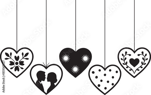  Set of five decorative hanging heart ornaments, each featuring a unique pattern and silhouette style, suspended from thin strings
