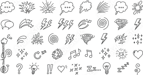 Hand-drawn doodle icons abstract symbols, bursts, lightning, and thought bubbles