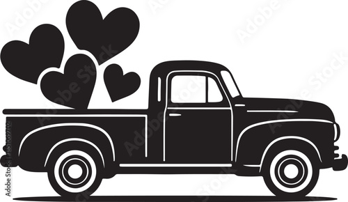 Valentine truck with hearth, retro truck, Valentines Day Truck, Vintage pickup delivers hearts, Red pickup truck with hearts, Valentine Day silhouette vector white background
