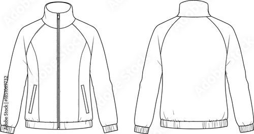 Technical jacket fashion sketch, front and back view, high collar, zippered pockets, elastic cuffs, garment illustration, clothing template, vector drawing