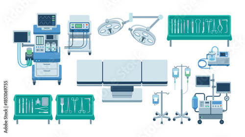 Operating room equipment set with surgical instruments