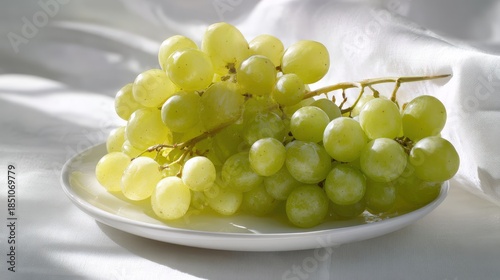 A bright and fresh arrangement of white-backed grapes placed on a white plate, with soft light illuminating their translucent skin and highlighting their beauty