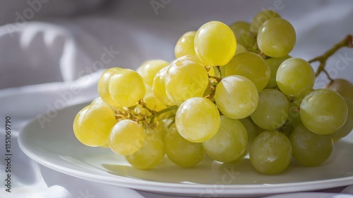 A bright and fresh arrangement of white-backed grapes placed on a white plate, with soft light illuminating their translucent skin and highlighting their beauty