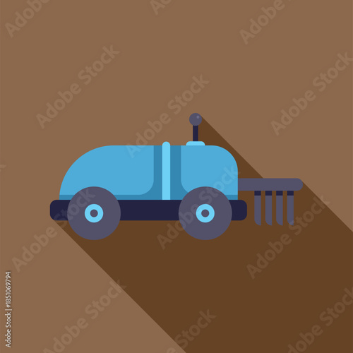 Blue cleaning machine or street sweeper icon with long shadow on brown background