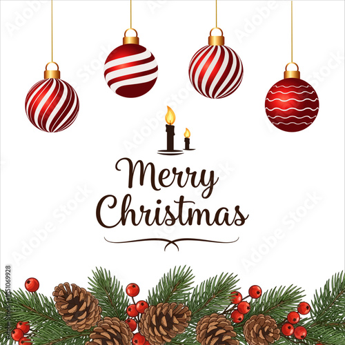 Merry Christmas and Happy New Year Flyer: Pine Branch Border, Red Baubles, Pine Cones, and Festive Bells - Happy Holidays