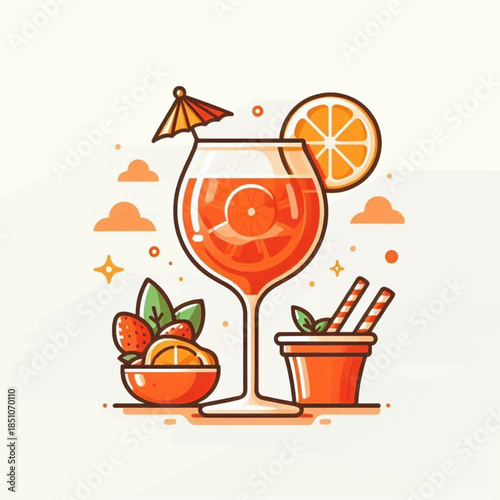 Illustration of Orange Cocktail in Wine Glass.